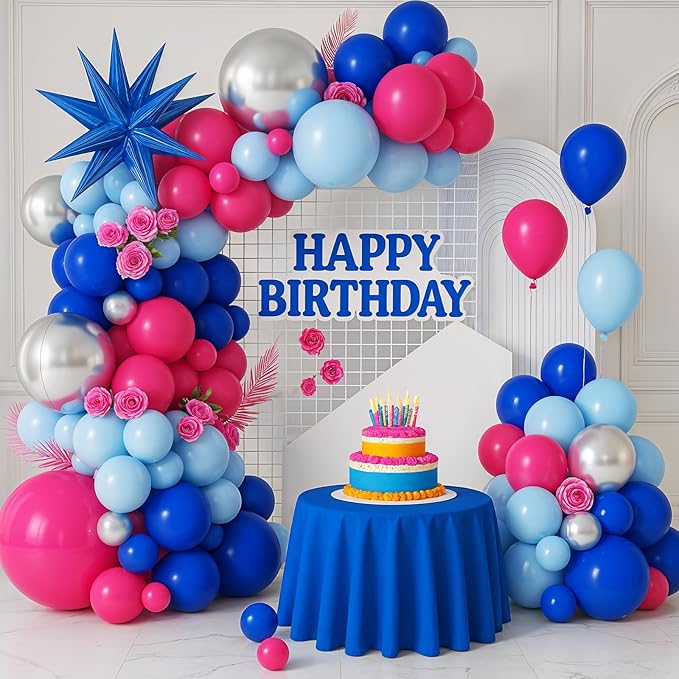 Royal Blue Hot Pink Balloon Arch Garland Kit with Blue Star Foil Balloons Silver 4D Round Balloons for Hawaii Theme Baby Shower Birthday Party Decorations