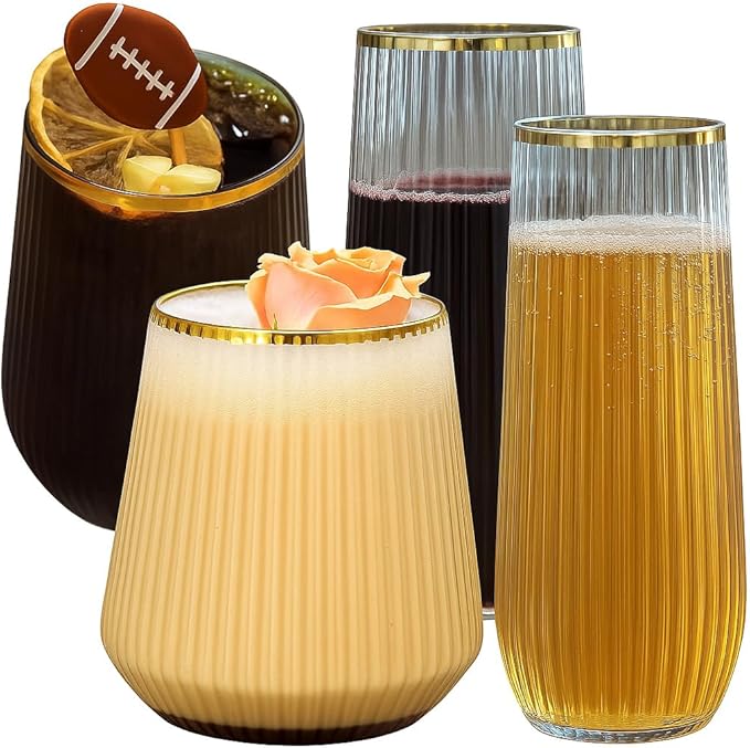 Oojami 48 Pack Ribbed Origami Ripple Plastic Glasses, 24 9 Ounce Stemless Champagne Flutes & 24 12 Ounce Cups, BPA-Free Disposable Shatterproof Toasting Glasses for Weddings Bars Events (Gold Rim)