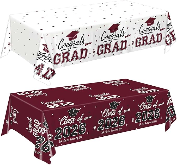 Oigco 2 Pack Maroon Graduation Tablecloths, Graduation Decorations Class of 2026, Congrats Grad Plastic Table Cloths for Graduation Party Decorations, 54 x 108 Inch