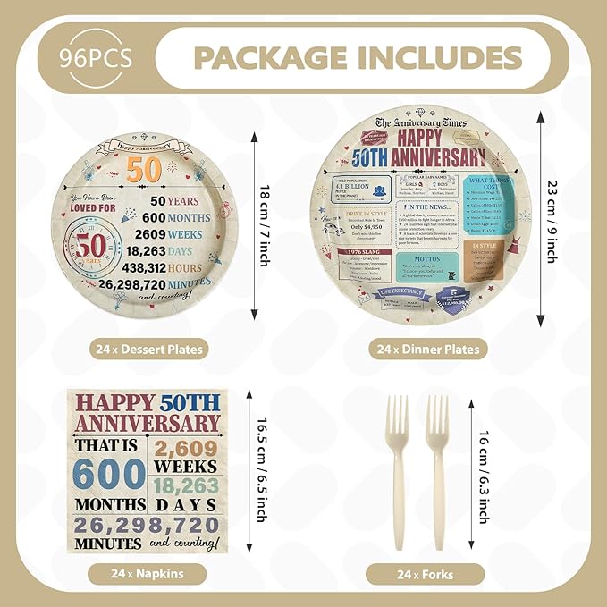 96Pcs 50th Anniversary Party Decorations Retro 50 Years Plates and Napkins 50th Anniversary Disposable Tableware Set for Vintage 50 Year Wedding Company Party Supplies Serves 24
