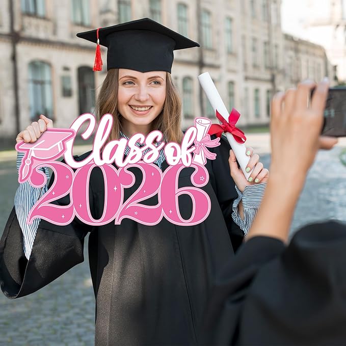 2026 Graduation Signs Decorations, 7 Pcs Class for 2026 Wooden Sign Graduation Party Photo Booth Prop, Wood Cutout High School College Graduation Ceremony Decor Supplies (Pink & White)