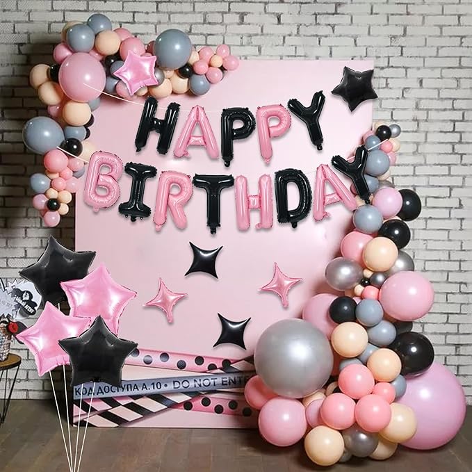TONIFUL 35PCS Black Pink Happy Birthday Decorations Kit 16 Inch Happy Birthday Balloon Banner with Star Balloons Mylar Foil Birthday Party Decorations Supplies for Men Women Adults Girls Boys Kids