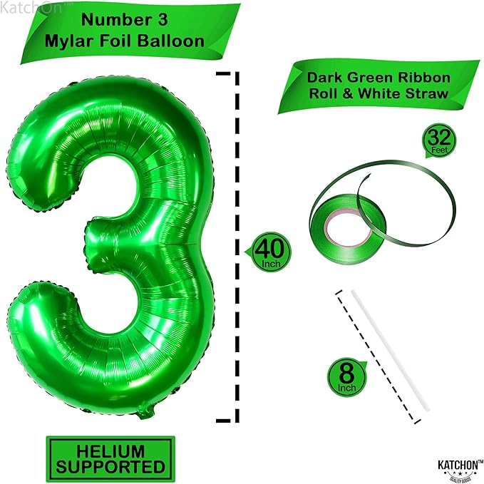 KatchOn, Giant Green Number 3 Balloon - 40 Inch | Three Rex Birthday Party Decorations | Green 3 Balloon Number for Happy Birthday Decorations | 3rd Anniversary Decoration