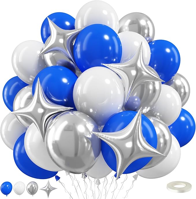 Royal Blue and Silver Balloons for Graduation Party Decorations, 12In Dark Navy Blue and White Balloons with Metallic Silver Star Balloon for Graduation Father's Day Birthday Baby Shower Party Decor