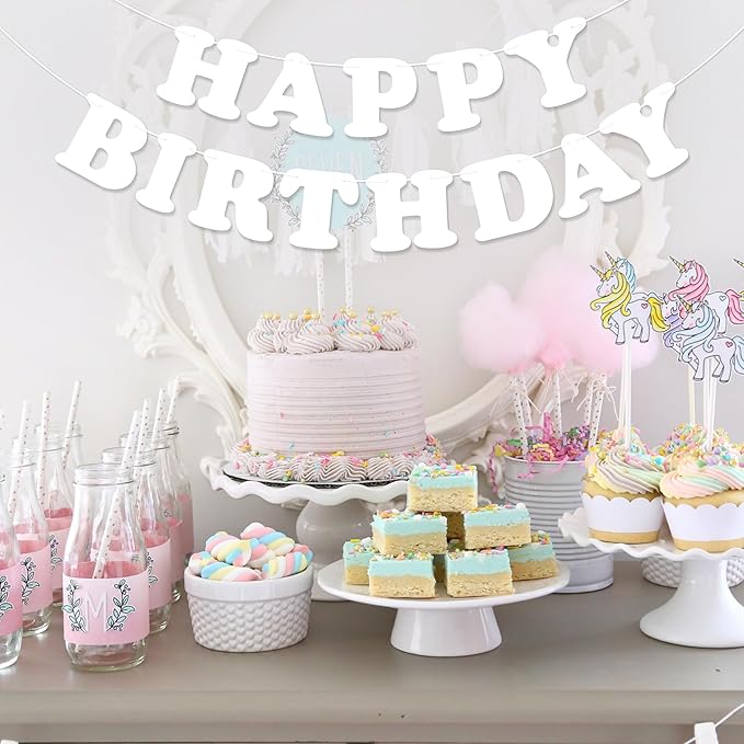 White Happy Birthday Banner Sign Birthday Backdrop Party Supplies for Kids Boys Girls Birthday Party Decorations