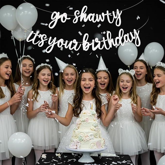 BEISHIDA Go Shawty It's Your Birthday Banner NO DIY Hip Hop Theme Happy Birthday Banner Pre-Strung Rap Theme Happy Birthday Sign for Man Women birthday Party Supply Glitter White
