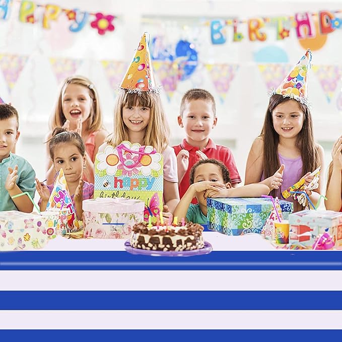 Kesfey 3 Packs Blue and White Vertical Striped Tablecloth 54 x 108 Inch Nautical Blue Stripe Plastic Table Cover Roll Waterproof Disposable Geometric Picnic Party Table Cloth for Dining Family Banquet