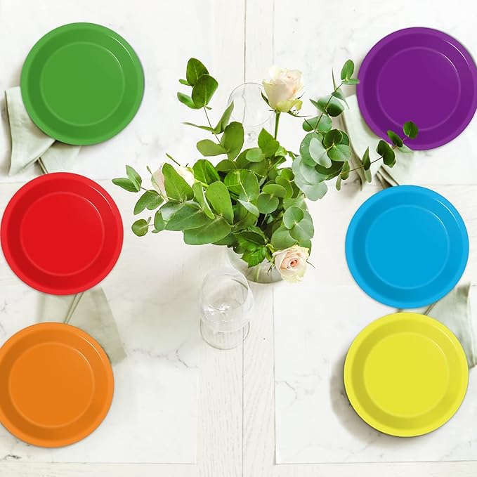 Wiooffen 48 Pcs Colorful Paper Plates - Birthday Party Supplies, Colored Disposable Party Paper Tray, Premium Dessert Cake Decorations for 48 Guests, 7in Round