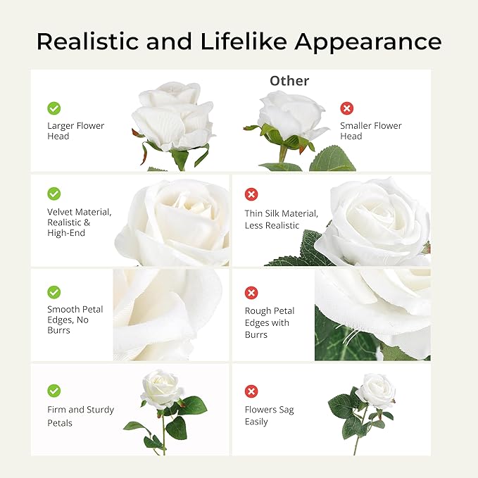 Auihiay 104pcs Roses Artificial Flower - Realistic White Fake Roses for Wedding Centerpieces, Table Decor, Valentine's Day, Mother's Day, and Home Party Decorations