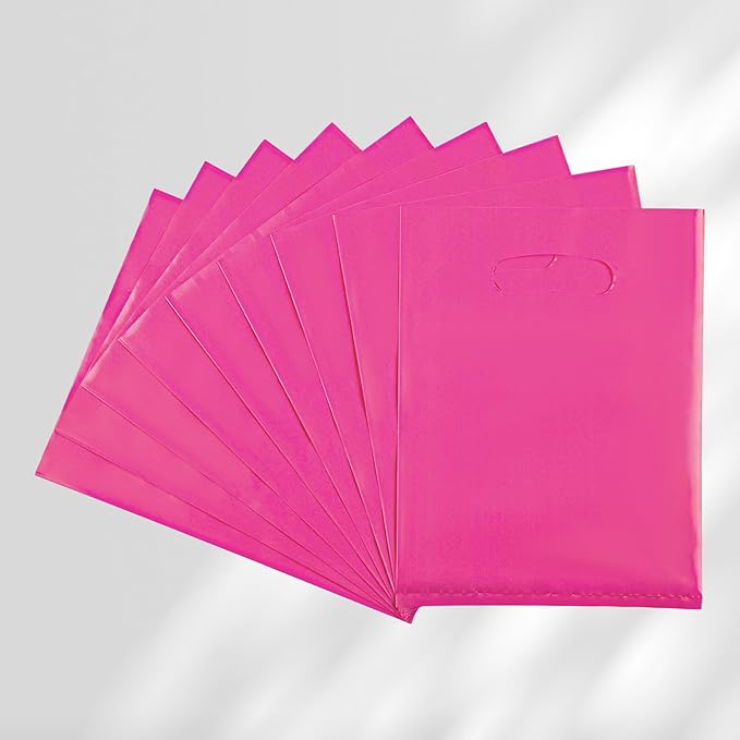 Hot Pink 100 PCS Small Gift Bags, 6"x8" Goodie Party Favor Bags with Handle, Treat Retail Pouches for Kids Birthday, Christmas, Small Business