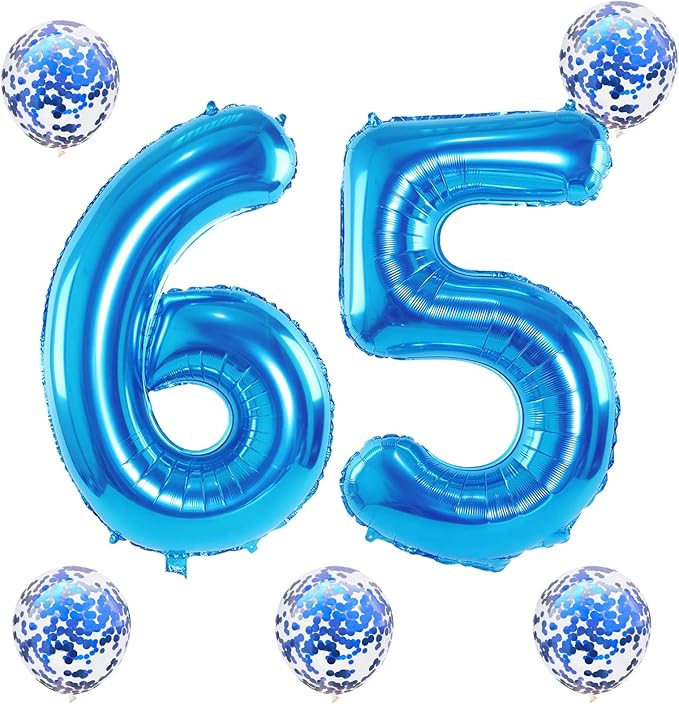 Blue Birthday Balloon Numbers 65, 40 Inch Big Foil Mylar Number 5 and 6 Balloons with Blue Confetti Latex Helium Balloons Set for Men Women 56th 65th Birthday Anniversary Party Decorations Supplies