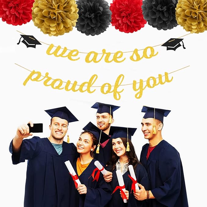 Red Black-Gold Party-Decoration Graduation Banner - 8pcs Kits Cap Garland Streamers, Paper Tissue Pom Poms Flowers,We are So Proud of You Congratulations Grad 2025 Decor Lasting Surprise
