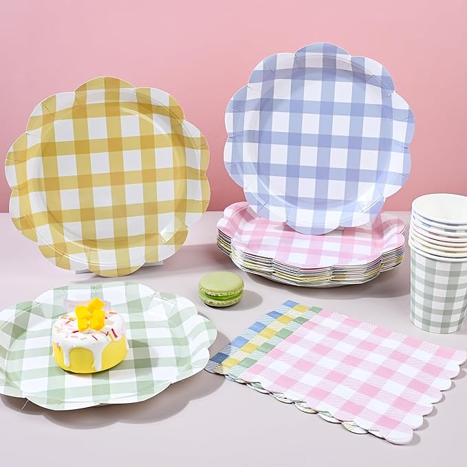 72 Pcs Gingham Party Supplies 9 Inch Easter Party Colorful Dessert Paper Plates and Napkins Disposable Scalloped Picnic Plaid Plates Napkins Cup Checkered Dinnerware Set for Easter Baby Shower Wedding