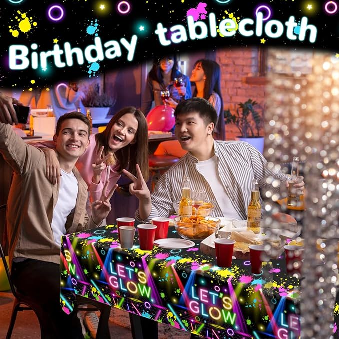 HAKOTI 3Pack Neon Tablecloth,Glow Party Supplies Neon Birthday Rectangle Table Cover Let's Glow Theme Table Decoration for Birthday Baby Shower Party Supplies