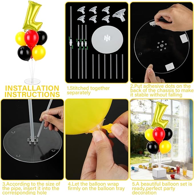 Cartoon Party Balloons Stand Kit 2 Sets With 2 Yellow Lightning Foil Balloons Centerpieces for Tables Video Games Party Red Black Yellow Balloon for Baby Shower Cartoon Game Theme Birthday Decorations
