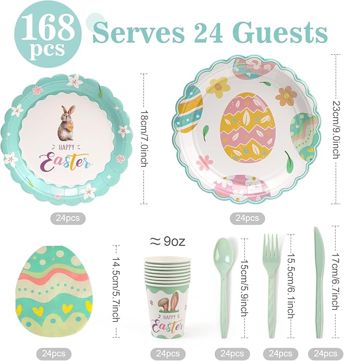 Easter Plates Party Supplies - 168Pcs Bunny Paper Plates and Egg Napkins Cups Cutlery Serve for 24 Happy Easter Rabbit Party Decorations Table Decor