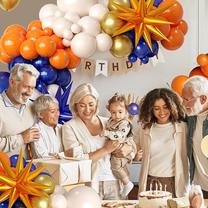 Orange and Blue Balloon Arch Garland Kit, Navy Royal Blue Gold Orange Balloons Garland Kit with 4D Star Chrome Latex Balloons for Birthday Baby Shower Graduation Thanksgiving Party Decorations