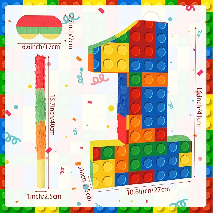 Number 1 Pinata Building Blocks with Pinata Stick Blindfold 1st Birthday Party Decorations for Kids Happy Birthday Building Block Theme Anniversary Party Supplies (Small, 16 x 10.6 x 3 In)