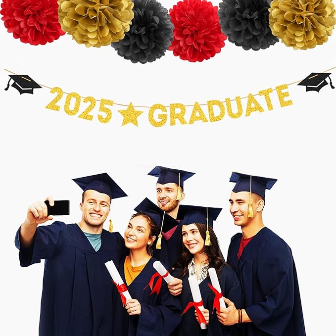 Red Black-Gold Party-Decoration Graduation Banner - 8pcs Kits Cap Garland Streamers, Paper Tissue Pom Poms Flowers, 2025 Craduate Banner Congratulations Grad Decor Lasting Surprise