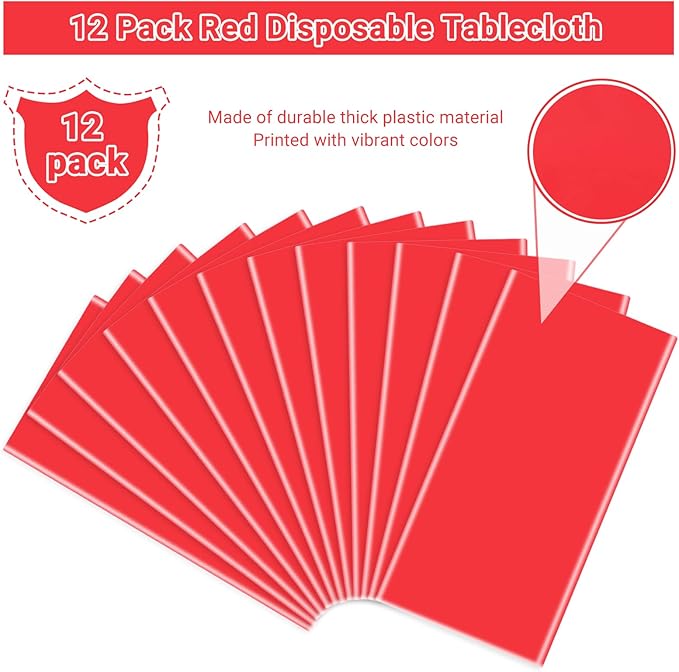 MRJ 12 Packs Red Disposable Tablecloths 54x108 Inch, Plastic Rectangle Table Cover for Wedding Valentine's Day and Christmas Day
