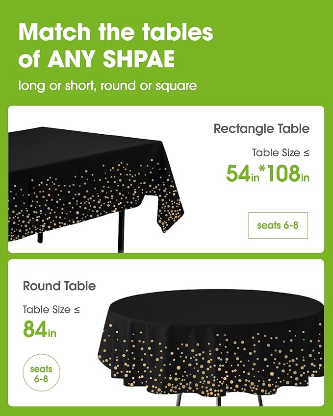 Pureegg Plastic Table Cloth Disposable 8 Pack, 54 x 108 Inch Table Cloths, Graduation Decorations Class of 2026, Graduation Tablecloths, Rectangle, Plastic Cover, Leakproof & Sturdy, Black and Gold
