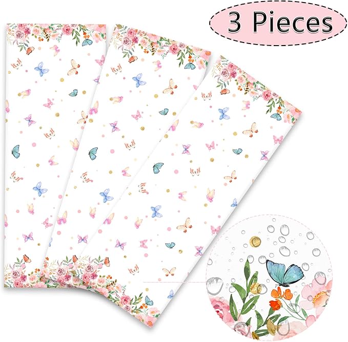 3 PCS Butterfly Birthday Tablecloths for Floral Butterfly Party Decorations Spring Summer Flower Plastic Disposable Rectangle Table Cover for Girls Baby Shower Weddings Tea Party Supplies Favors