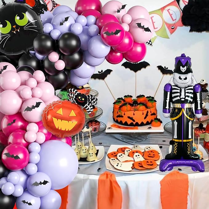 Halloween Balloons Garland Arch Kit, Macaron Pink Purple Balloons with Skeleton Guard Pumpkin Bat Foil Balloon, Black Hot Pink Halloween Balloon with 3D Fake Bats For Party Home Garden Decorations