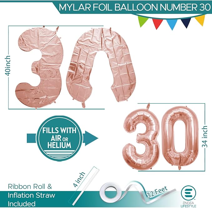 40 Inch Number Celebration and Decoration Balloon for Birthday Parties, Graduations, Anniversaries, Weddings, Photo Shoots, Special Events - Helium Foil Mylar (Rose Gold Number 30)