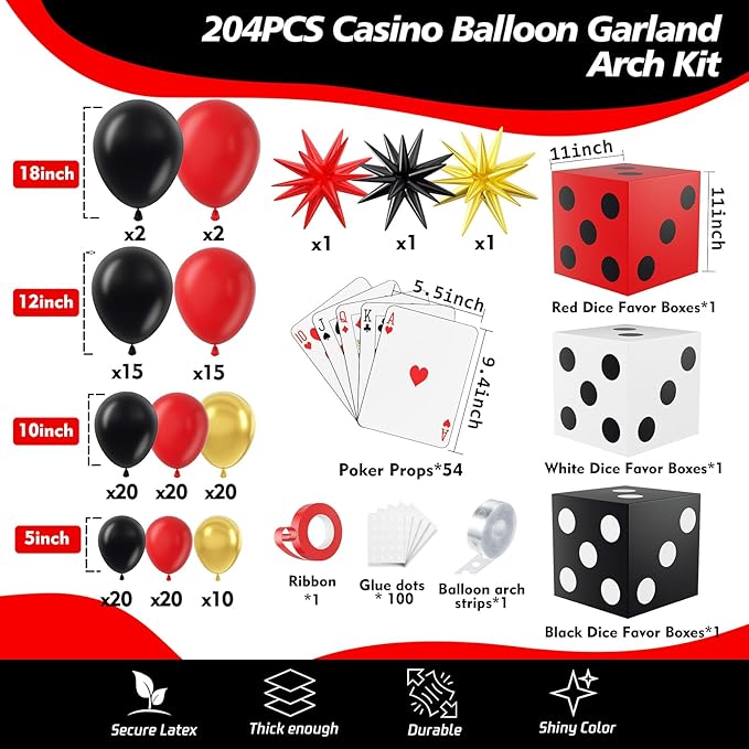 204Pcs Casino Balloon Garland Arch Kit - Casino Theme Party Decorations with Dice Boxes Large Poker Cards Party Balloons for Birthday Game Night Las Vegas Casino Night Theme Party Decorations