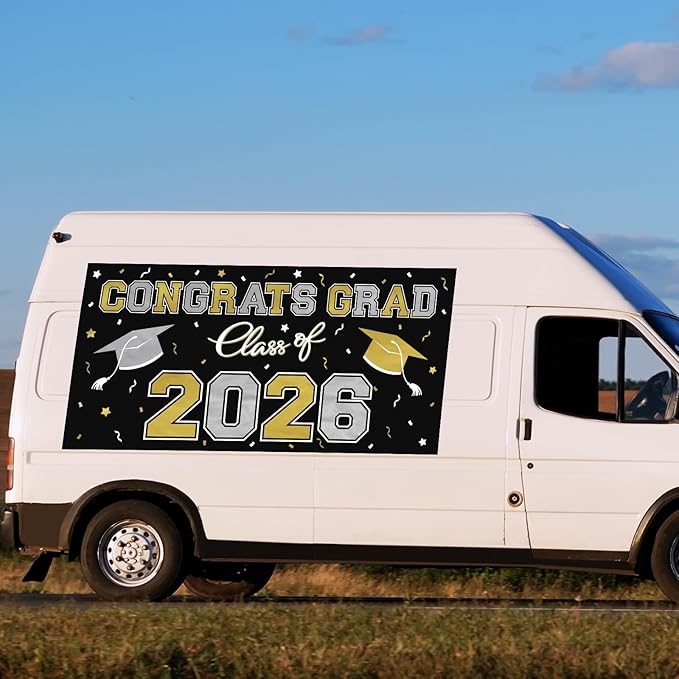 2026 Graduation Party Plastic Backdrop - 65" x 32.7" Congrats Grad Banner in Black, Large Class of 2026 Decorations, Photography & Grad Party Supplies