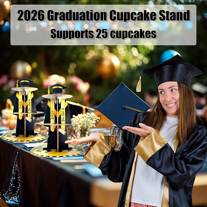 Graduation Cupcake Stand for 25 Cupcakes, Class of 2026 Congrats Dessert Collapsible 3 Tier Holder for Grad Party Black and Gold, Disposable Cardboard Stand Display Tower Graduation Cap Decorations Supplies for College School