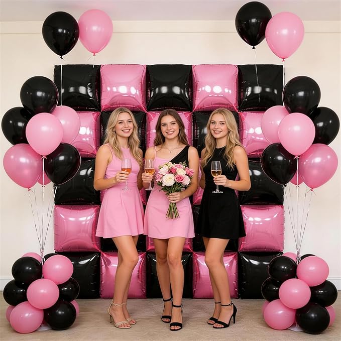 Pink Black Square Foil Balloon Wall,25Pcs Double Sided Foil Balloons Backdrop Helium Polyester Tunnel Arch Garland Kit for Birthday Bridal Anniversary Baby Shower Party Decorations