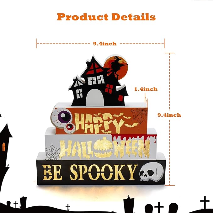 Halloween Decorations Indoor 9.4" 4-Tier Wooden Block Set with Glowing 3D Letters, Witch's House Topper, Battery Operated Spooky Halloween Décor Built-in Timer for Home, Mantel, Shelf, Table Decor