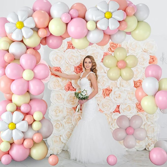 Daisy Balloon Garland Arch Kit,Retro Hippie Boho Pink White Yellow Balloons Garland Daisy Flower Balloons For Birthday Baby Shower Bridal Wedding Groovy Daisy Party Decorations