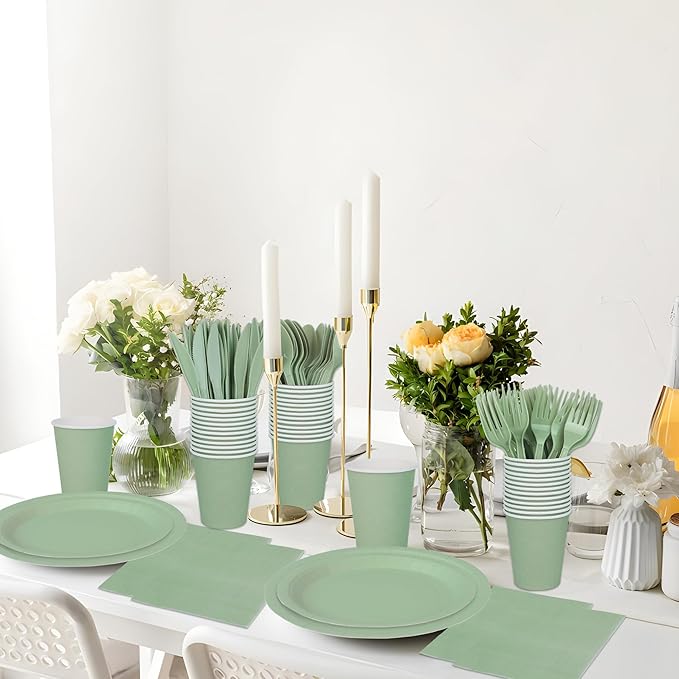 177 PCS Sage Green Party Supplies Sage Green Tableware Set Paper Plates Napkins Cups and Disposable Tablecloths for Wedding Bridal Shower Birthday Baby Shower Party Decorations, Serves 25