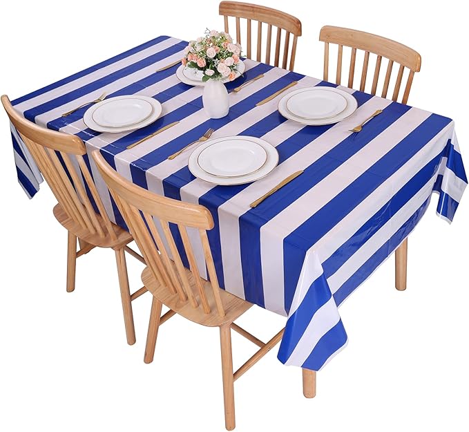 Kesfey 3 Packs Blue and White Horizontal Striped Tablecloth 54 x 108 Inch Blue Nautical Plastic Table Coths Roll Disposable Waterproof Geometric Picnic Party Stripe Tablecover for Camping Dining