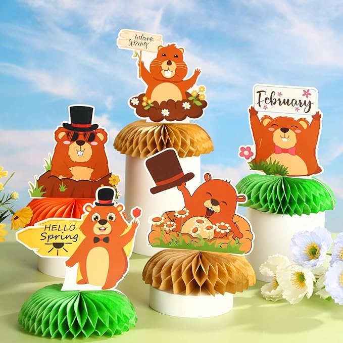 JULMELON 8PCS Groundhog Day Party Decorations Honeycomb Centerpieces, Happy Groundhog Day Party Centerpieces for Tables Groundhog Day Party Decor Supplies for Weather Forecast Spring February