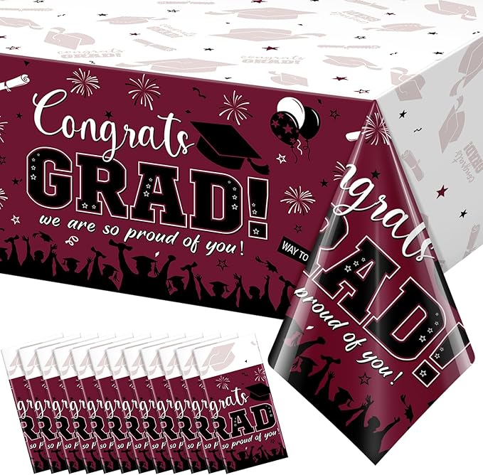 12Pack Graduation Tablecloth Party Decorations, Class of 2026 Congrats Grad Plastic Tablecover Party Supplies, Maroon Rectangle Graduation Table Decorations for College High School Party, 54 x 108Inch