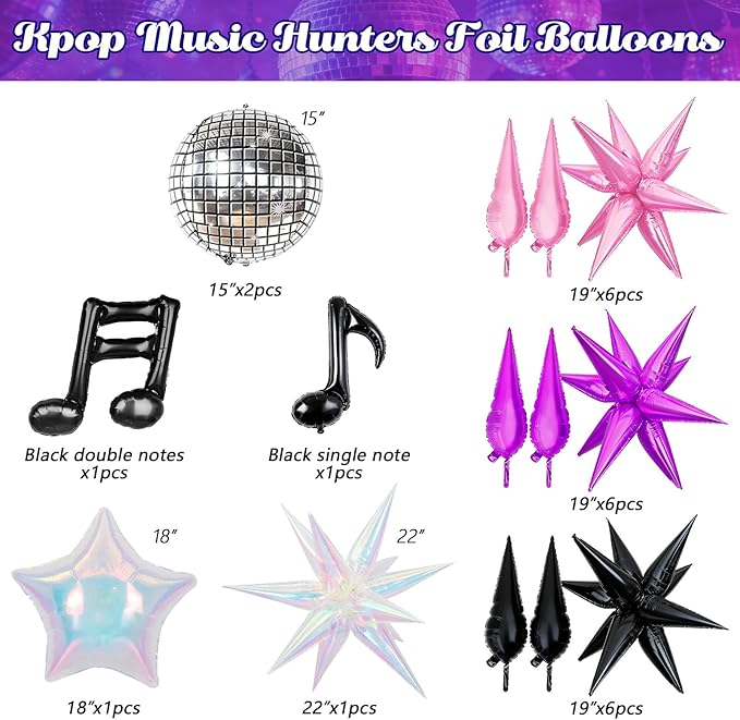 JOGAMS 175Pcs Dark Night Kpop Hunter Balloons Arch Kit, Black Metallic Pink Purple Disco Balloons with Iridescent Star Music Note Foil Balloons for K-Pop Music Disco Theme Birthday Concert-Style Stage