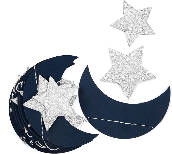 Navy-Blue Silver Moon-Star Party-Decorations Garland - 52Ft Twinkle Little Star Hanging Decoration Streamers Banner, Eid Ramadan Mubarak Decoration Birthday Wedding Baby Shower Party Decor Panduola