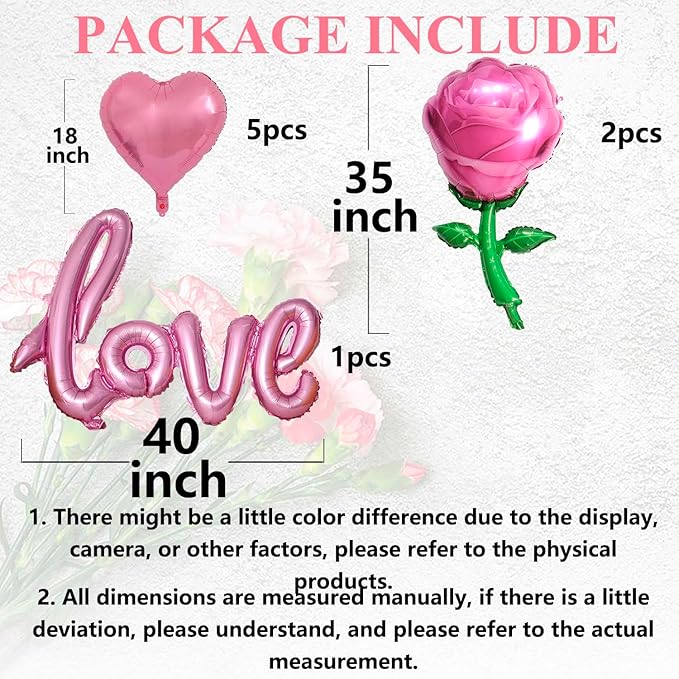 Pink Love Balloons Pink Heart Balloons and Pink Rose Balloons Valentine Balloons Valentine Party Balloons for Valentine Day Decoration Anniversary Party Decorations Theme Supplies Balloo