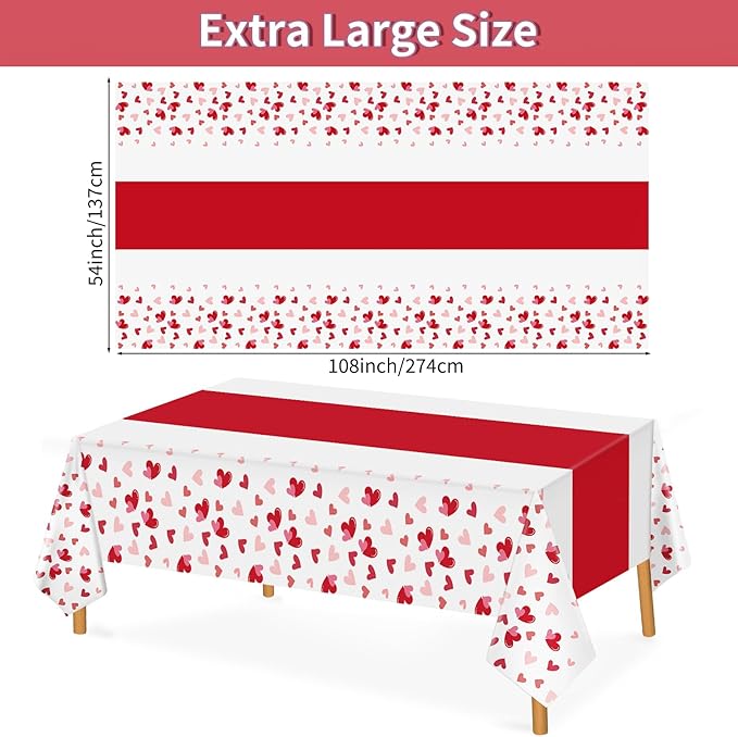 Hxezoc 3 Pack Valentines Day Tablecloths, 54 x 108 Inch Disposable Heart Plastic Table Cover for Girls Kids Valentines Birthday Baby Shower Party Decorations Outdoor Indoor Party Supplies