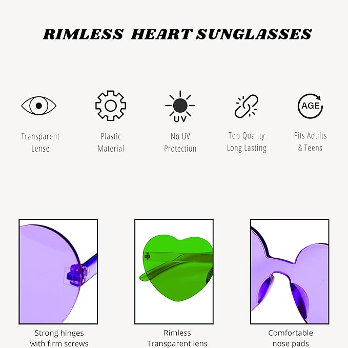 4E's Novelty 2 Pack Heart Shaped Sunglasses for Women - Trendy Glasses for Valentines, Mardi Gras, Men Party Outfit Accessory