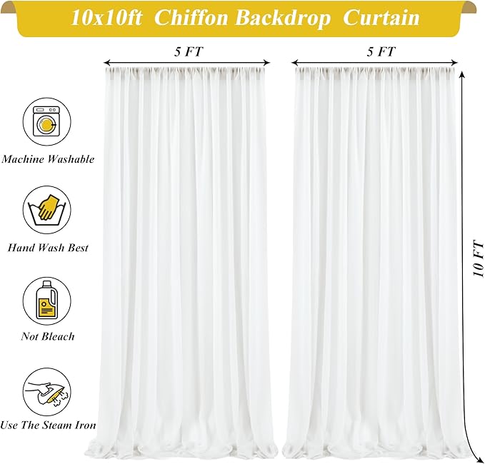 10x10ft Cream White Chiffon Backdrop Curtain with Lights String for Wedding Sheer Tulle Curtain Photo Backdrops Drapes for Baby Shower Birthday Party Home Ceremony Decorations