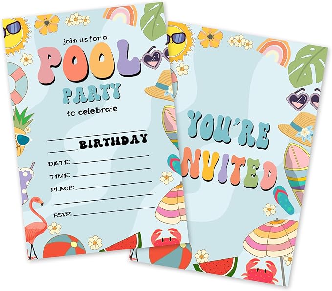Pool Birthday Invitations, 25 Summer Party Invites Cards with Envelopes, Double-Sided Fillable, Birthday Invitations for Teens Adults, Birthday Party Supplies (4 x 6 Inch) -A06