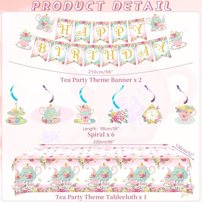 KEFAN Tea Birthday Party Decorations, Tea Theme Party Tableware Supplies including HAPPY BIRTHDAY Banner, Plates, Cups, Napkins, Tablecloth, Balloons for Girls Birthday Party, Serves 20