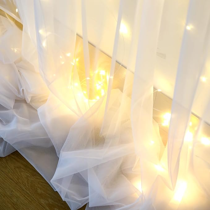 20×12ft White Tulle Backdrop Curtain with Lights String for Parites Sheer Fabric Backdrop Curtains White Backdrop Drapes for Wedding Baby Shower Birthday Party Photo Shoot Background 4 Panels 5ft×12ft