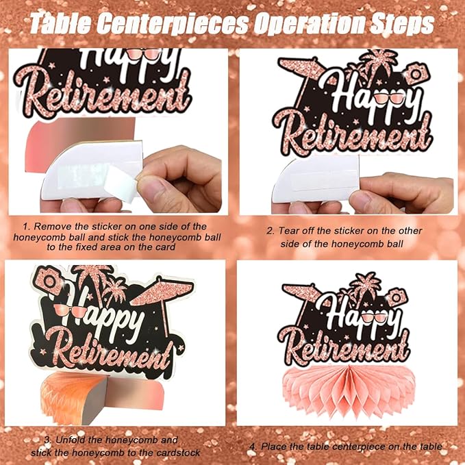 Happy Retirement Party Decorations Men Women, Rose Gold Retirement Party Decorations, Happy Banner, Backdrop, Hanging Swirls, Honeycomb Centerpiece