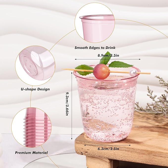 KesaPlan 100 Pcs Pink Plastic Cups, 12oz Disposable Stemless Wine Glasses for Cocktail Cute Clear Cocktail Wine Glasses Pink Party Cups for Valentine's Galentine's Day Wedding Christmas Party