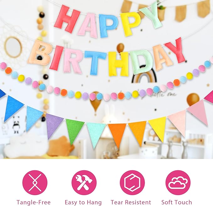 CANREVEL Pre-Strung 3D Happy Birthday Banner, 3 PCS Happy Birthday Felt Garland, Pom Pom Garland, Triangle Fabric Garland Bunting, Reusable Birthday Decorations for Women Men Girls Boys, Pastel